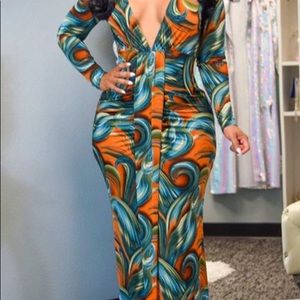 Sexy Print Fold V-Neck Long Sleeve Dress